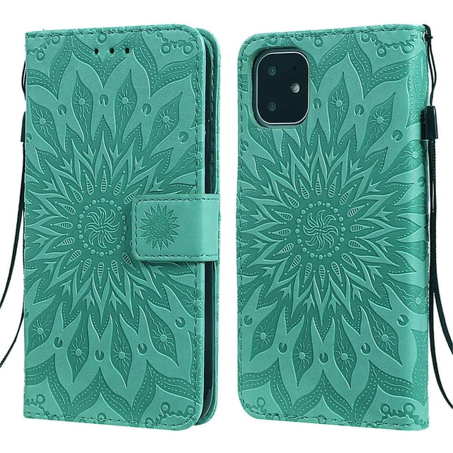 Wallet Case, Embossed Sunflower Premium PU Leather Folio Flip Kickstand Card Slots Wrist Strap Cover for iPhone 6Plus/6SPlus(Green)