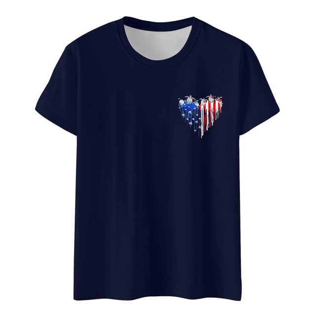 Hauts d'Été pour Femmes Jour de L'Indépendance Drapeau Col Rond Imprimé Lettre Manches Courtes T-Shirts pour Femmes Marine L