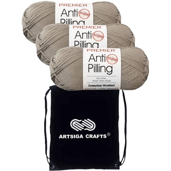Premier Yarns Everyday Anti-Pilling Solid Chinchilla DN100-52 (3-Skeins - Same Dye Lot) #4 Worsted Weight Acrylic Yarn for Crocheting and Knitting with Project Bag