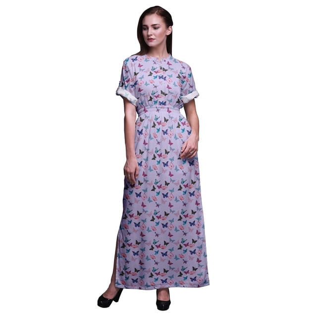 Bimba Robe Maxi à Fente Latérale Imprimée Papillon Artistique en Rayonne Taille Smockée - Petite
