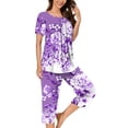 thumbnail image 3 of Ensemble de Pyjama Liquidation Ensemble de Pyjama à Manches Courtes pour Femme 2 Pcs Ensemble de Nuit d'Été Imprimé Floral Boutons Col Ras du Cou Pantacourt Ensembles de Pjs d'Été pour Femmes Ensemble Nouveau Violet m, 3 of 5