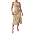 thumbnail image 2 of Ovzne Robes pour Femmes Robe Femme Mode Femme Couleur Unie Sans Manches Épaule Oblique Taille Découpée Robe de Printemps Liquidation, 2 of 6