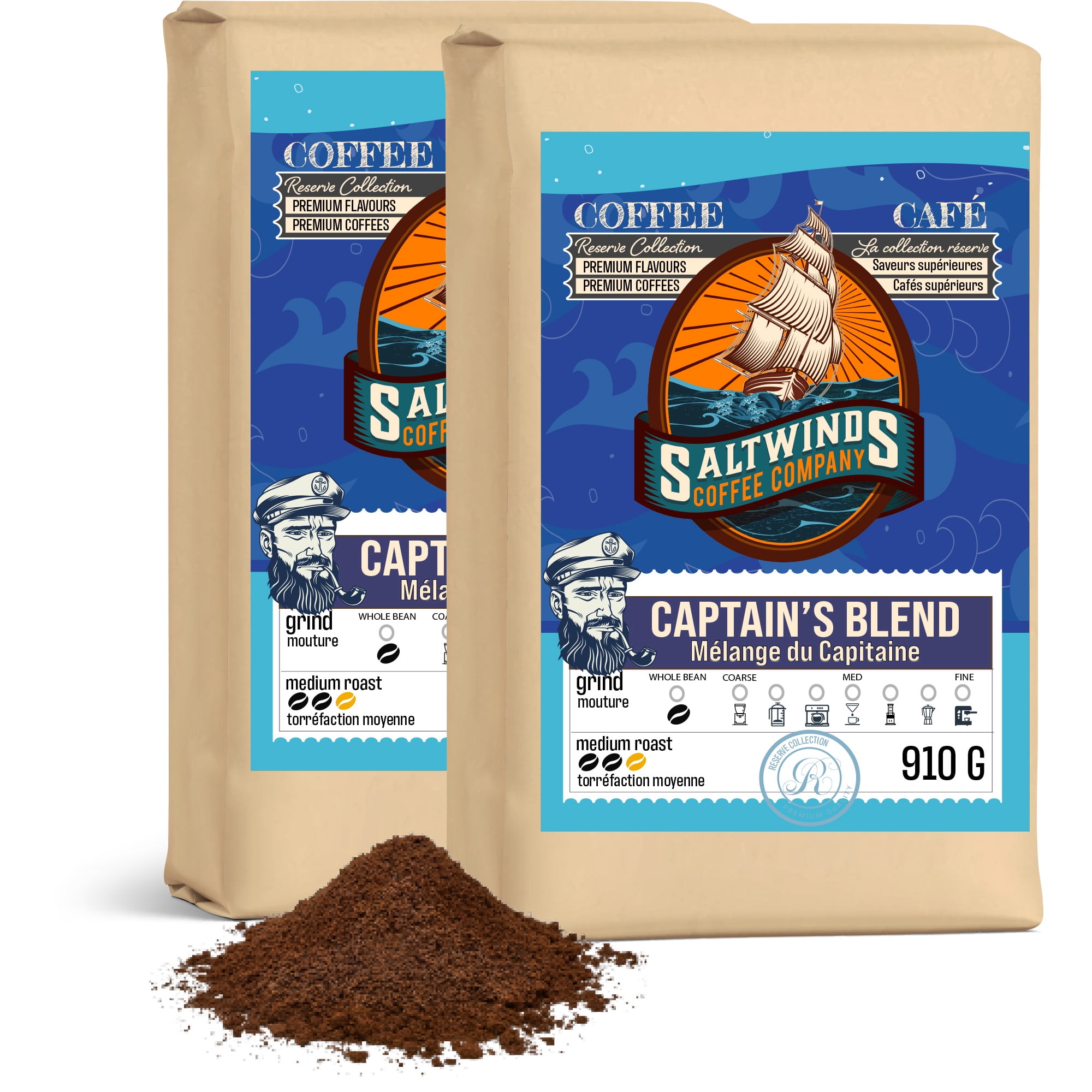 Captain’s Blend Medium Roast Coffee (2 × 910 g Ground) | Ocean Air Infused | Smooth & Balanced Maritime-Roasted Canadian Coffee