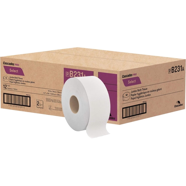 Cascades Pro Select B231 Papier Hygiénique Jumbo en Rouleau, 2 Épaisseurs, 750 Pi, 1 Boîte de 12 Rouleaux