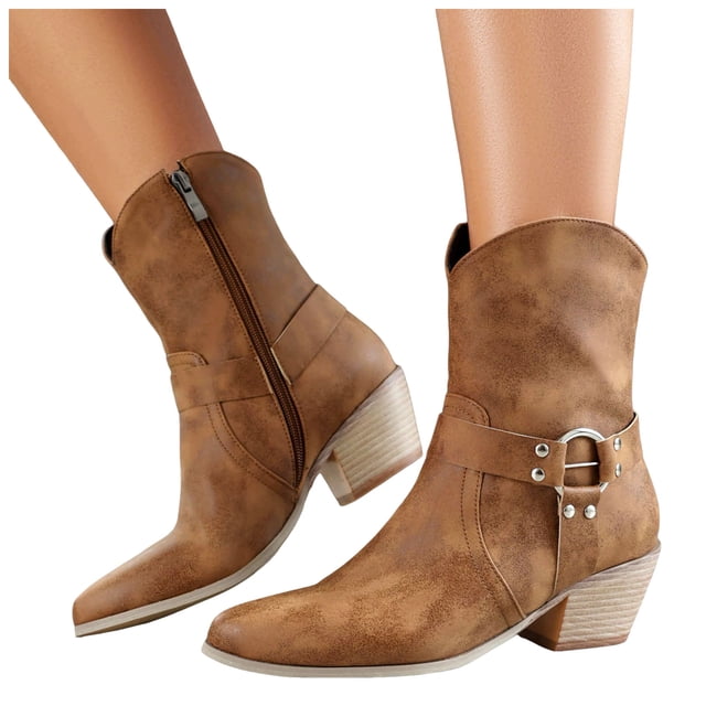 Womens Mens Cowboy Boots Classic Leather Buckle Pointed Toe Chunky Heels Wide Mid Calf Cowgirl Riding Work Booties