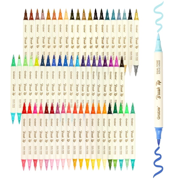 Grabie Marqueurs Acryliques à Pointe Pinceau Bicolores 120 Couleurs, Marqueurs de Peinture Bicolores avec 60 Pointes de Pinceau, Stylos de Peinture Acrylique à Double Pointe pour Tissu, Toile