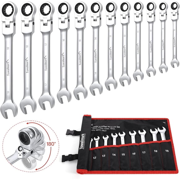 12-Piece Flex-Head Wrench Set, Ratcheting Combination Set, Metric 8-19mm, 72-Teeth,Cr-V Steel Ratchet Wrenches Set with Storage Bag for home/car/bike etc.