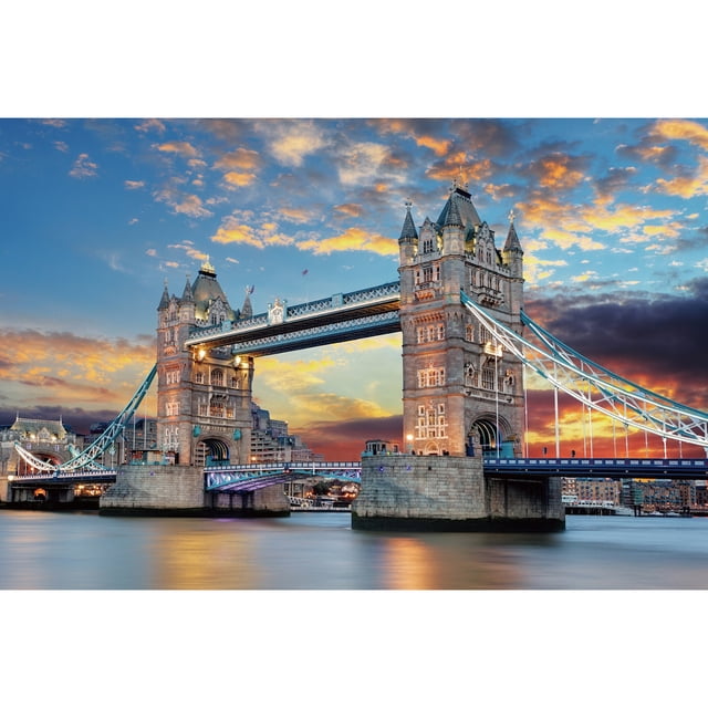 Mistaha 1000 Piece Jigsaw Puzzles featuring a vibrant image of a bridge at sunset, likely Tower Bridge, with intricate architectural details and a colourful sky. The completed puzzle measures 75cm x 50cm (30in x 20in) and is made of non-toxic paper material with a smooth finish. Suitable for adults, teens, and kids, this challenging and educational puzzle provides hours of entertainment for families.