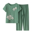 thumbnail image 1 of Mikilon Ensemble Élégant pour Femmes 2 Pcs Coton Lin Costume Deux Pièces Manches Courtes Col Rond Haut Imprimé Pantalon Vert-B TG, 1 of 9