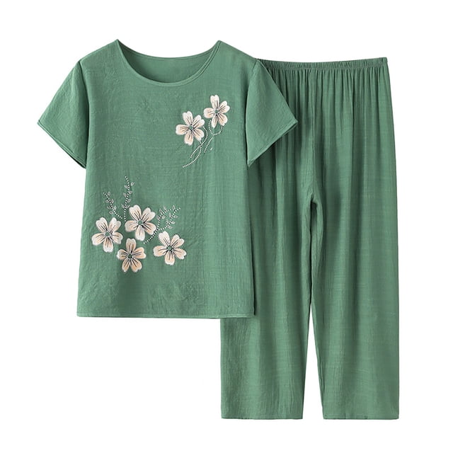 Mikilon Ensemble Élégant pour Femmes 2 Pcs Coton Lin Costume Deux Pièces Manches Courtes Col Rond Haut Imprimé Pantalon Vert-B TG