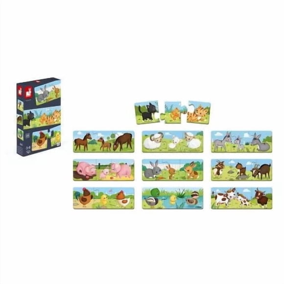 Janod - à Partir de 3 Ans - Casse-Tête Trionimo - 10 Casse-Têtes de 3 Pcs - Animaux - Carton FSC - Jeux de Mémoire et d'Association