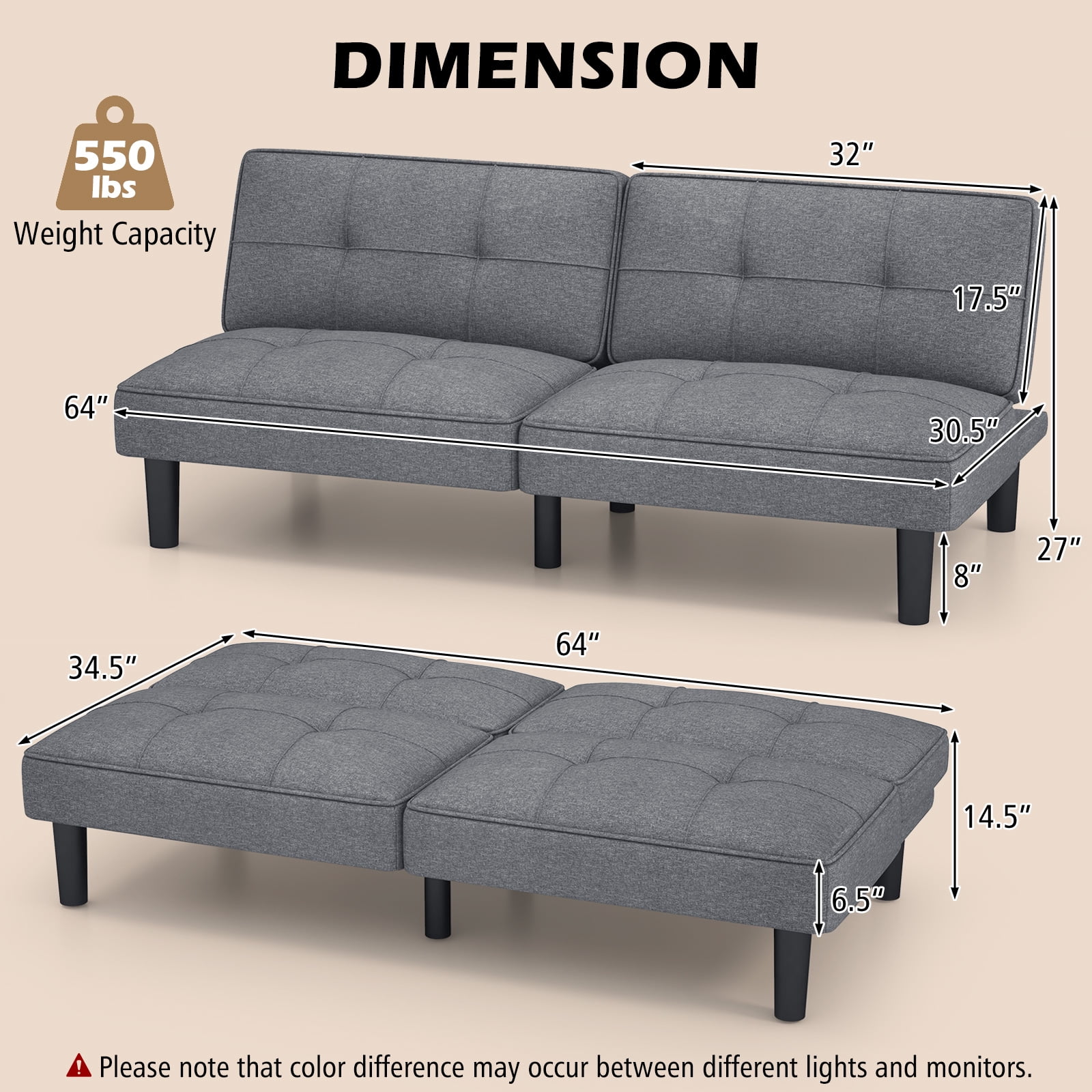 Costway Convertible Folding Futon Sofa Bed with 6-Position