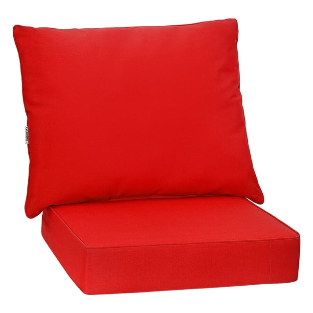 Gymax 2PCS Deep Seat Chair Cushion Pads Set in red, featuring a seat cushion measuring 25'' x 25'' x 6'' and a back cushion measuring 31.5'' x 25.5'' x 7''. Made from durable polyester fabric with high-resilience cotton filling, these cushions are waterproof, sun-proof, and suitable for indoor and outdoor use. The set includes rope belts for secure attachment and removable covers with smooth zippers for easy cleaning.