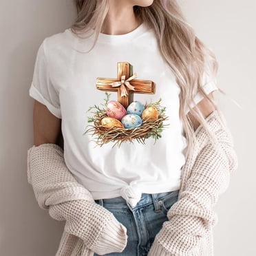 VKOYWKM Femmes T-Shirts Joyeuses Pâques Tendance Oeufs Chrétiens T-Shirt Graphique Hauts Été Manches Courtes T-Shirts Décontractés Amples Col Rond T-Shirts Cadeaux de Pâques