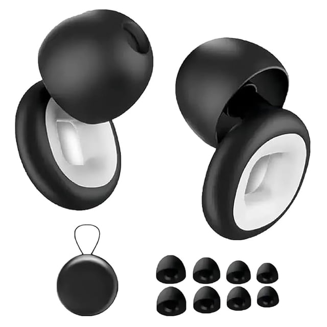 EGNMCR Bouchons d'Oreilles 27 dB Bouchons d'Oreilles Réutilisables Conçus pour la Réduction du Bruit, Illustrés en Noir avec Embouts Intérieurs Blancs. Comprend un Ensemble de Bouchons d'Oreilles, Plusieurs Embouts en Mousse, et un Étui de Transport compact. Fait de silicone Léger et de Mousse pour le Confort et la Durabilité, Convient au Sommeil, à la Motocyclette et à d'Autres Activités.