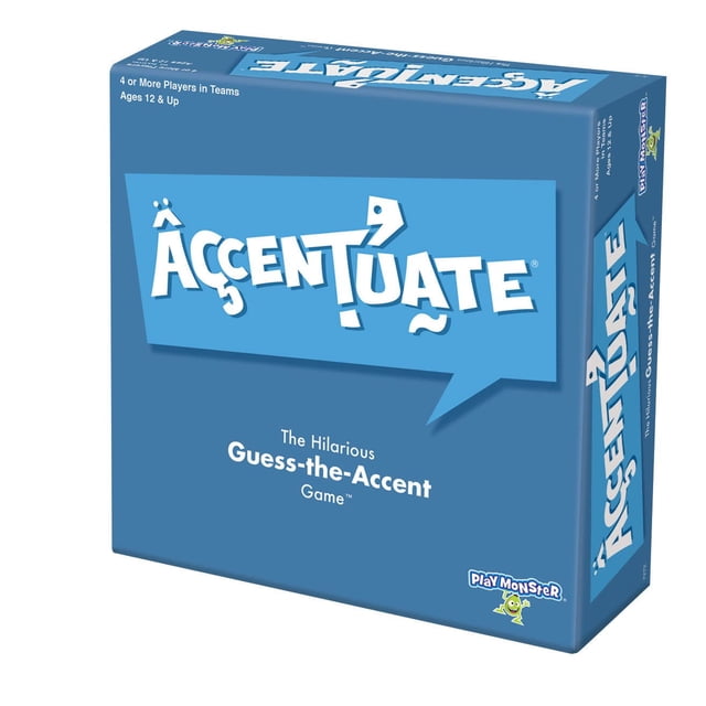 Accentuate Card Game box in blue with white playful text and speech bubble, a hilarious guess-the-accent team game for 4 or more players aged 12 and up, involving reading movie quotes in random accents, by PlayMonster, ideal for kids and family card game fun.