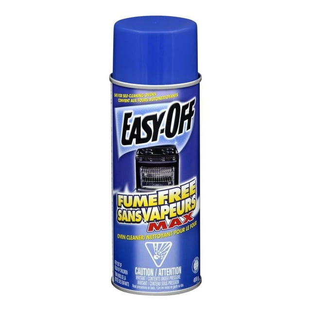 Easy-Off® Fume Free Oven Cleaner 400 g aerosol can with blue cap, safe for self-cleaning ovens and no heat required, dissolves tough baked-on grease and food spills, ideal for ovens, BBQ grills, broilers, and stainless steel surfaces with a fresh lemon scent.