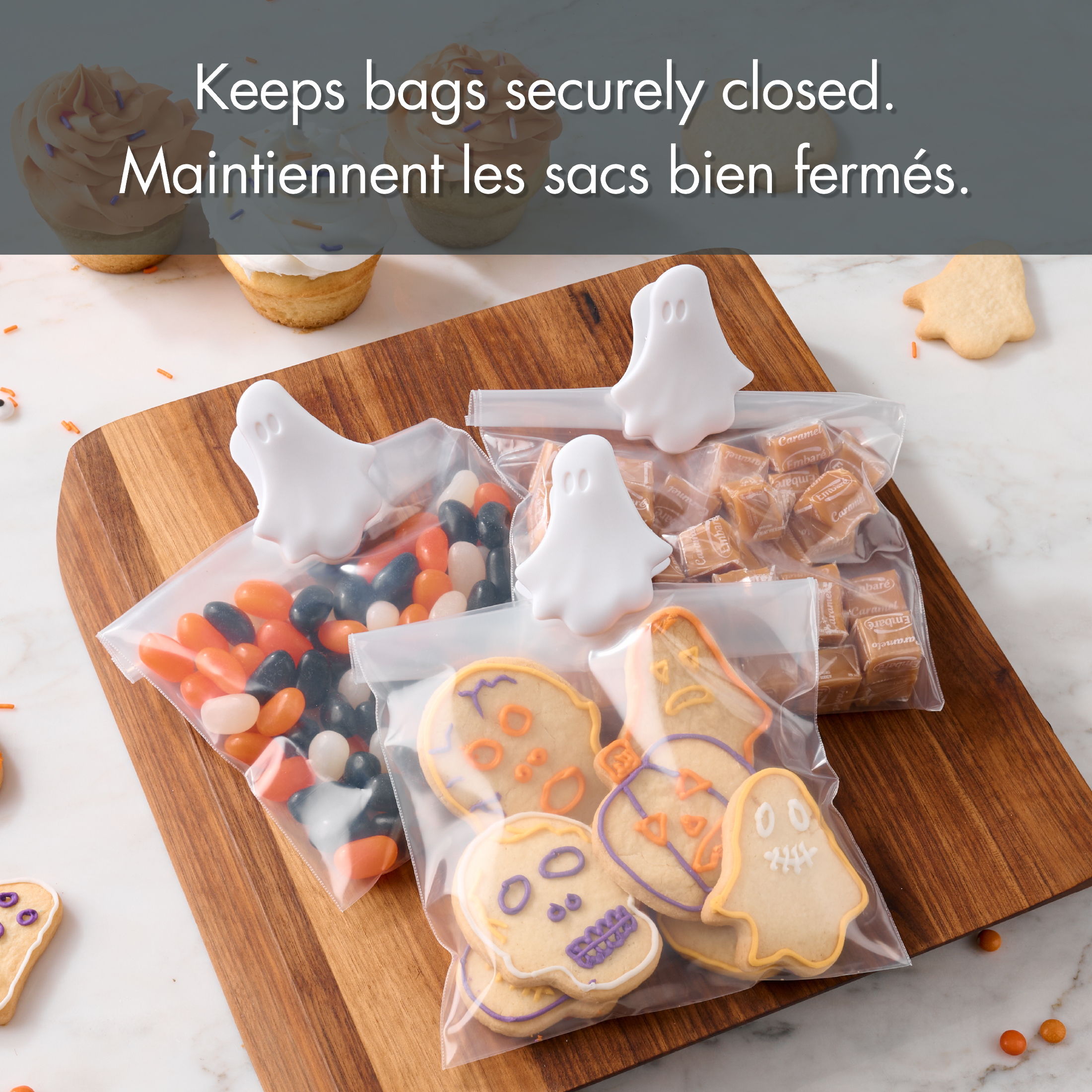 Ensemble de 3 Pinces à sac Tout-Pour-Célébrer, en forme de Fantômes, Blanc