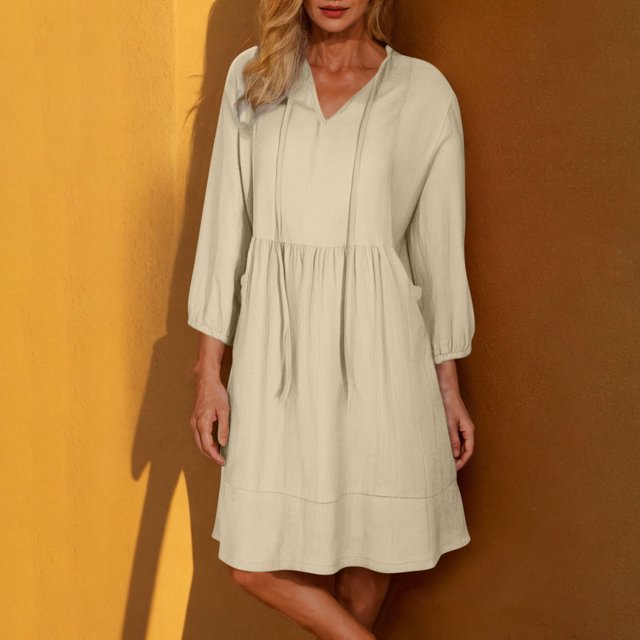 Ovzne Robes pour Femmes Robe Mode Décontractée Couleur Unie Poche à Nouer Été Manches 3/4 Col en V Robe Maxi Grande Taille Liquidation