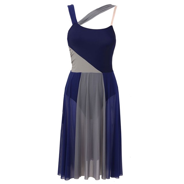 RUNQHUI Robe Justaucorps Sans Manches en Mesh à Blocs de Couleur pour Femmes, Danse Moderne Contemporaine, Bleu Marine P