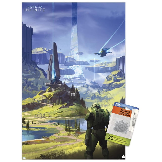 Halo Infinite - Affiche Murale de Master Chief Valley, 14,725 Po x 22,375 Po Encadrée, Représentant Master Chief en Armure Verte Se Tenant dans une Vallée avec des Collines Herbacées, un Lac Réfléchissant, de Hautes structures Futuristes et un Avion Volant sous un Ciel Bleu, Idéal pour la Décoration Murale de Chambre Ou de Bureau.