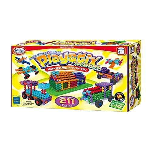 Popular Playthings Playstix Deluxe Set with 211 pieces, a multicolour building sticks kit for kids aged 4 and up. The set includes color-coded Playstix pieces, small and large wheels, a molded building base, and a 50-page idea booklet. Designed for STEM learning, creativity, and fine motor skill development, this construction toy features interlocking grooves and a Snap'n Lock feature for easy assembly. The packaging showcases various colorful models, including vehicles and structures, built using the set.