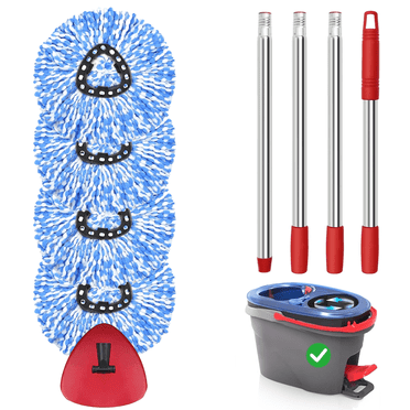 Kidsjoy Spin Mop Replacement Heads 4 Pack with 1 Triangle Base and 58 inches Long Handle for 2 Tank System,Machine Washable