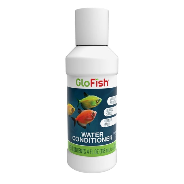GloFish Bouteille Conditionneur d'Eau avec Bouchon Blanc et Étiquette Mettant en Vedette des GloFish Vert fluorescent, Jaune et Rouge sur Fond Bleu, Formulée pour Neutraliser le Chlore et les chloramines, Promouvoir la Santé des Poissons et Rendre l'Eau du Robinet Sécuritaire pour les aquariums, Filet 4 fl oz (118 ml).