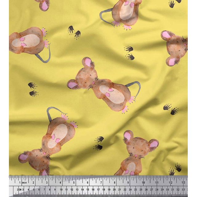 Soimoi Yellow Poly Georgette Fabric Footprints & Mouse Kids Print Sewing Fabric Yard 52 Inch Wide
