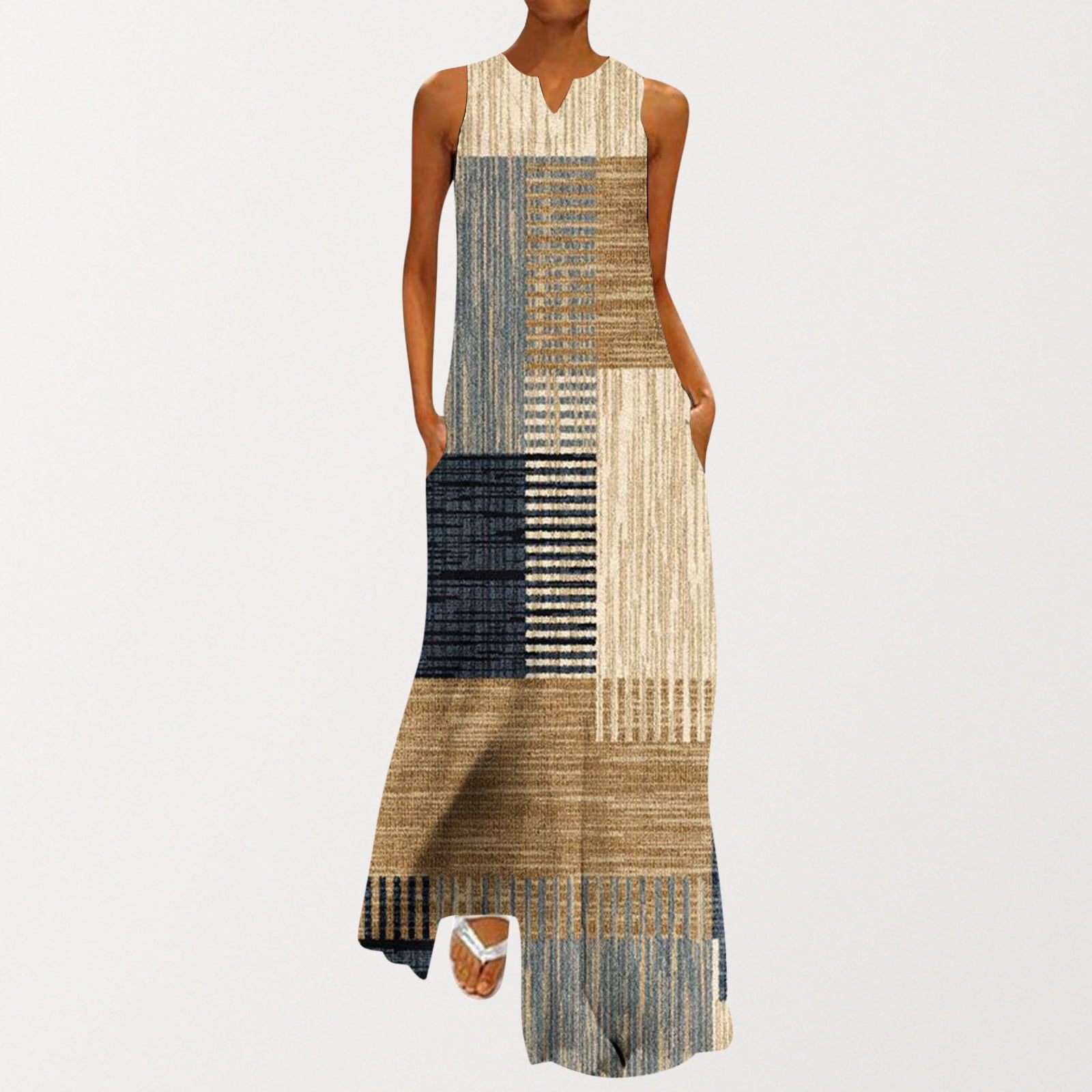 Robes pour Mariages en Invitée Femmes Mode Col en V Sans Manches Été Soirée Fête Imprimé Dames Poche Gilet Longue Robe Ligne A Robes d'Été pour Femmes 2023 en Liquidation