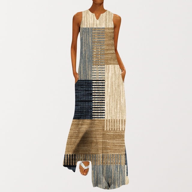 Robes Soleil pour Femmes 2023 Décontractées Mode Femme Col en V Sans Manches Été Soirée Fête Imprimé Dames Poche Gilet Longue Robe Robes de Soirée pour Femmes Élégantes Chic en Liquidation