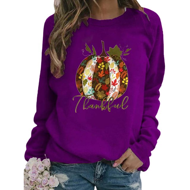 Innerwin L'action de Grâce Tops Citrouille Impression Femmes T-Shirt Parti Cou Ample Tee-Shirt Violet XS