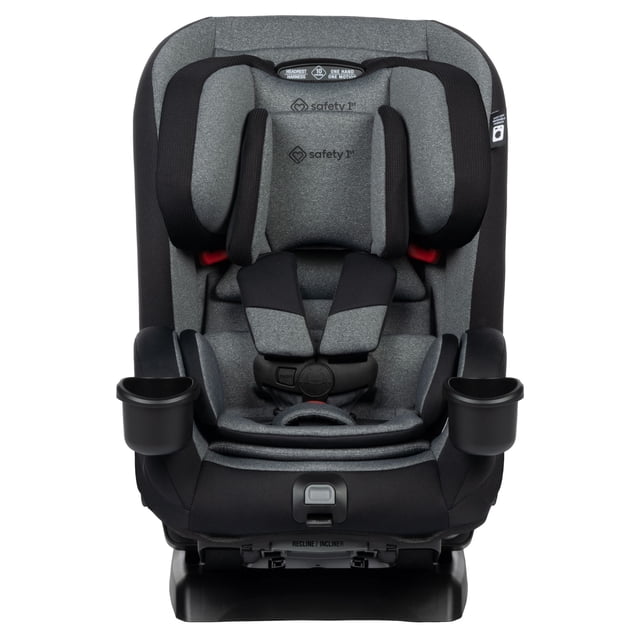 Safety 1st SlimRide All-in-One Car Seat in grey with black accents, featuring a padded memory foam seat, adjustable 10-position headrest and harness, two removable cup holders, and a slim design that fits three across rear seats, suitable for rear- or front-facing and booster modes.