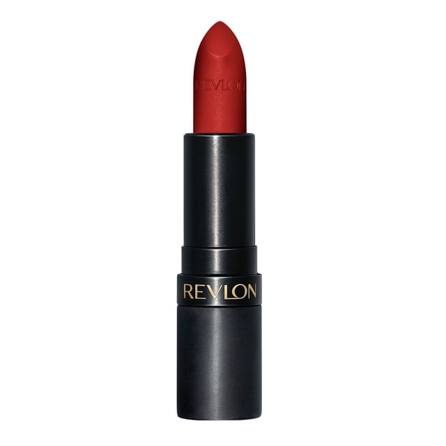 Revlon Super Lustrous™ Matte Lipstick in a rich red shade with an embossed bullet, housed in a matte black tube with gold Revlon branding, delivering a smooth, hydrating matte finish suitable for full lip coverage.