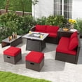 thumbnail image 3 of Patiojoy 9 Pieces Outdoor Patio Furniture Set with 35-Inch Propane Fire Pit Table Outdoor PE Wicker Space-Saving Sectional Sofa Set with Storage Box and Cushions Red, 3 of 10