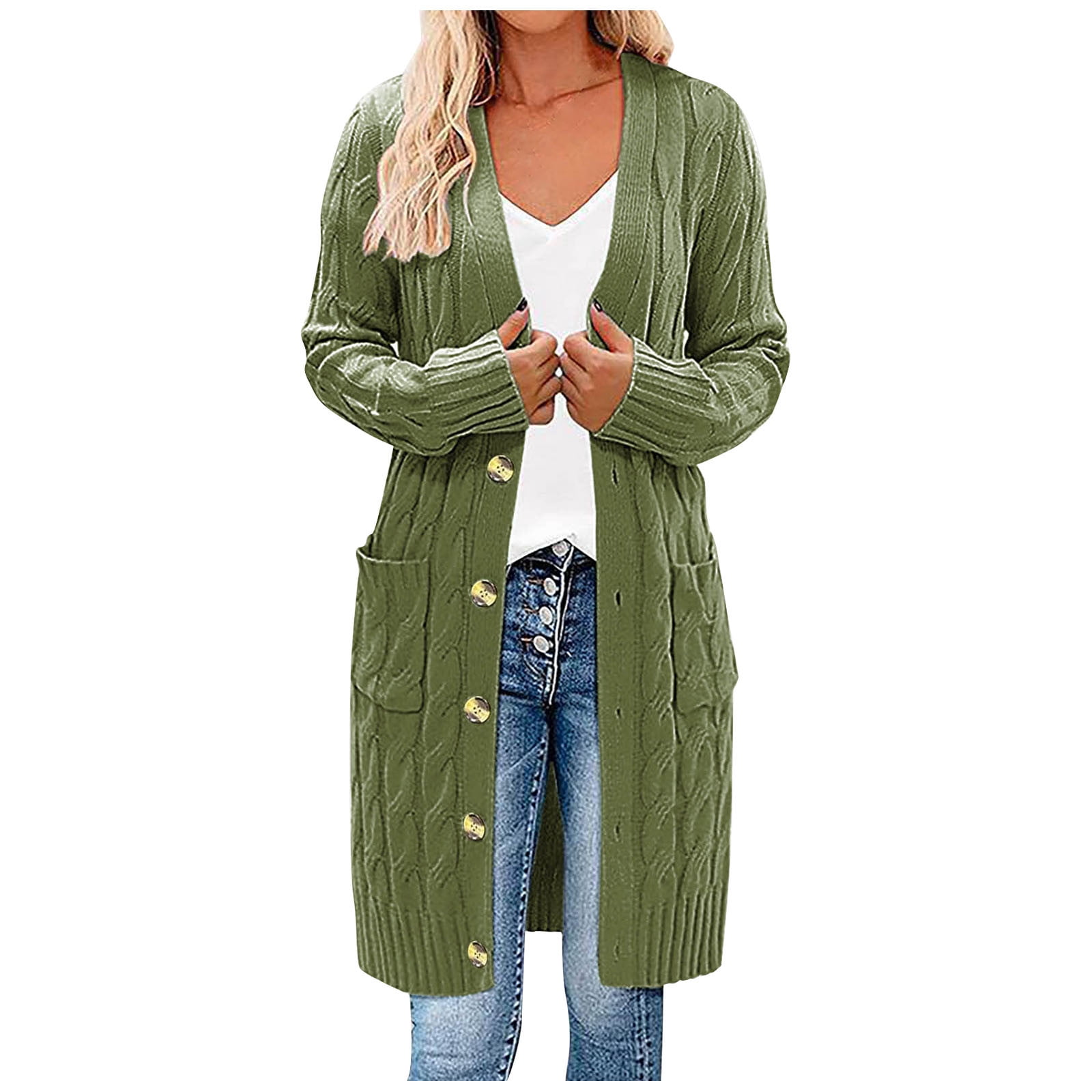 Pisexur Shacket Jacket Women Long Sleeve Cable Knit Long Cardigan Open Front Button Sweater Outerwear Pocketed Shirts Fall Jacket Shackets