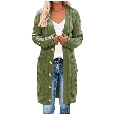 XZNGL Long Cardigan Sweaters for Women Womens Long Sleeve Cable Knit Long Cardigan Open Front Button Sweater Outerwear Cable Knit Cardigan Women Cable Knit Sweater Women Womens Sweaters Cardigan