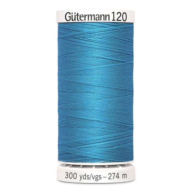Gutermann 120 100% polyester all purpose thread spool in blue with white plastic ends labeled with brand and 300 yards (274 meters) length, suitable for machine and hand sewing on cotton, synthetics, and wool fabrics, also ideal for craft and DIY projects.