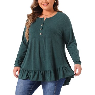GRACE & GRANDEUR Plus Size Casual Tops for Women Henley V Neck Button Up Long Sleeve Ruffled Hem Blouses Tops Dark Green 1X