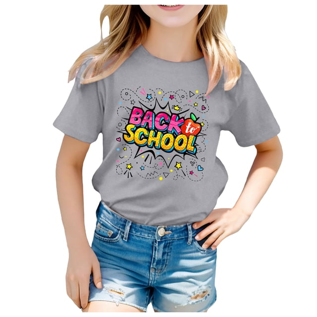 LUOGENLI T-Shirt pour Filles Enfants École Rentrée des Classes Imprimé Décontracté Manches Courtes Haut T-Shirt Maxi Hauts Ensemble à Volants Gris 4-5 Ans