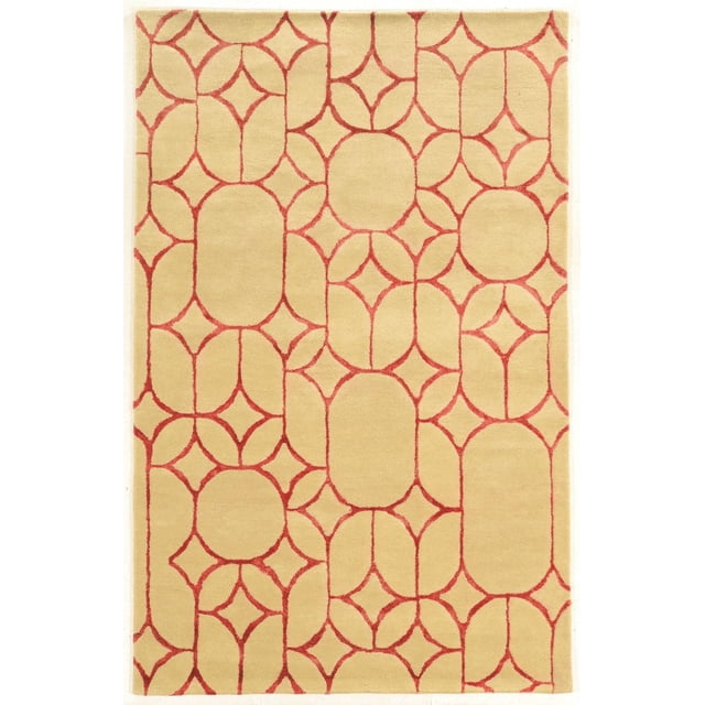 Aspire Wool Window Ivory & Coral 2' x 3' Accent Rug with a plush hand-tufted wool pile in ivory, featuring a coral abstract geometric pattern of ovals and star shapes with faux silk accents, ideal for doorways or in front of sinks to add warmth and style.