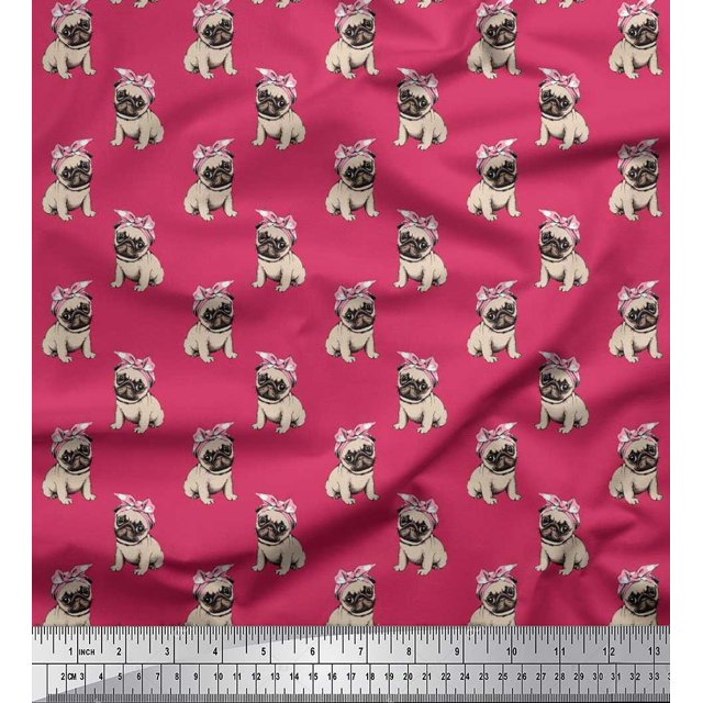 Soimoi Silk Fabric Pug Dog Decor Fabric Printed Yard 42 Inch Wide