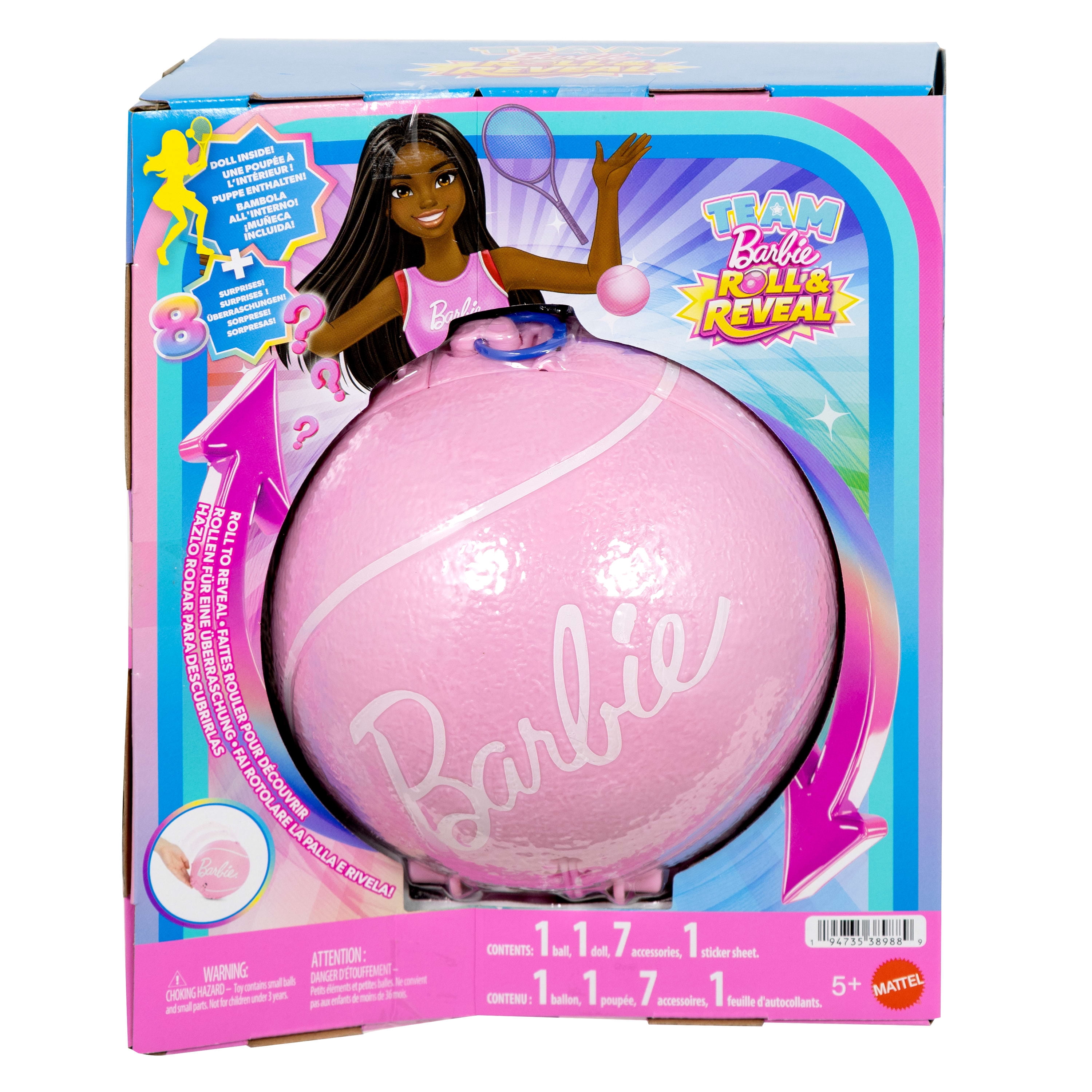 Barbie Team Barbie Roll and Reveal Tennis Player Doll and Accessories with Brunette Fashion Doll, 8 Surprises & Tennis Ball Encasement