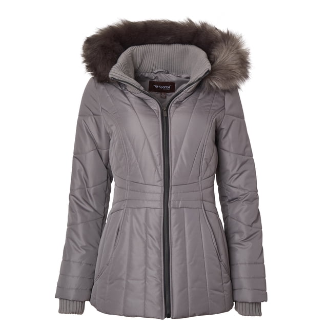 Sportoli Womens Winter Coat Faux Fur Trim Hooded Down Alternative Puffer Jacket - Brushed Nickel (X-Large)