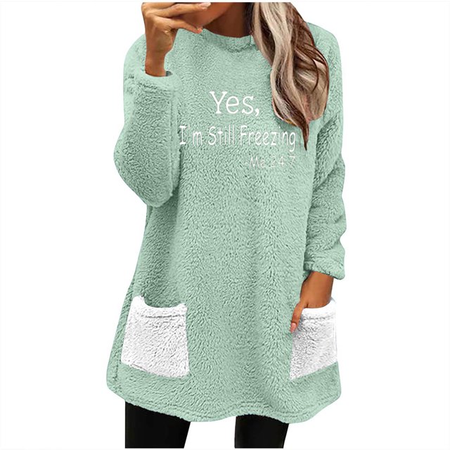 Penkiiy Chandails Molletonnés Doublés en Sherpa pour Femmes, Col Rond, Chandail Molletonné Duveteux, Chandail d'Hiver Chaud avec Poches 2024 S Vert