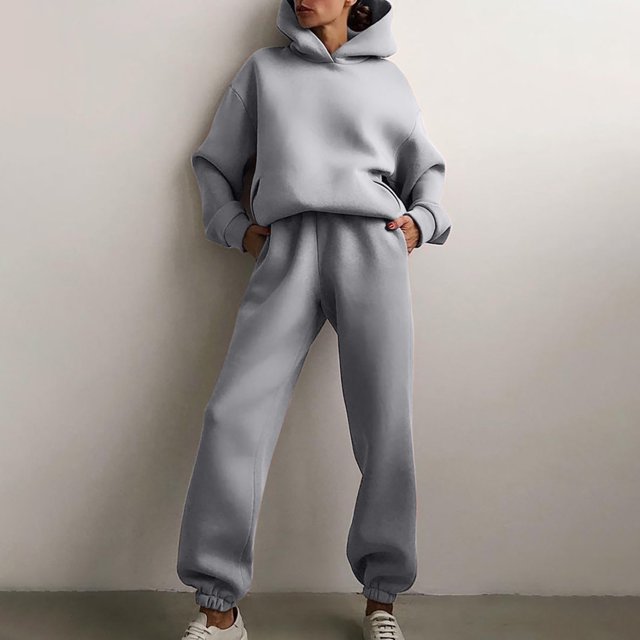 PVCS Women Casual Solid Color Two Piece Long Pants Hooded Pullover Long Sleeve Sweatshirts Sets