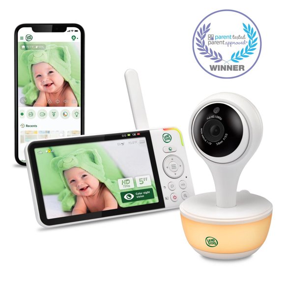 LeapFrog LF815HD Moniteur de bébé Wi-Fi 1080p avec accès à distance, affichage 720p haute définition de 5 po, veilleuse, vision nocturne couleur (Blanc)