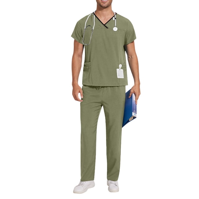 TIMIFIS Scrub for Men Set Medicals Uniform Scrub Top and Pants in solid olive green color. The set includes a short-sleeved V-neck top with two front pockets and elastic waist pants, designed for comfort and functionality. Made of 95% polyester and 5% spandex, the lightweight and breathable material ensures all-day comfort. Suitable for healthcare professionals such as doctors, nurses, and veterinarians. The model is shown wearing the scrub set with a stethoscope and holding a folder.
