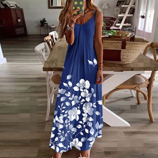 Ovzne Robes Grande Taille pour Femmes aux Formes Robe de Plage Robes d'Été pour Femmes Imprimé Sans Manches Col Rond Robe Décontractée Longues Robes Robe d'Été Imprimée Liquidation