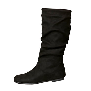 YOUSNH Bottes Plissées en Suède Unies pour Femmes, Style Britannique, Semelle Plate, Bottes Mi-Hautes, Bottines pour Femmes, Noir 8.5